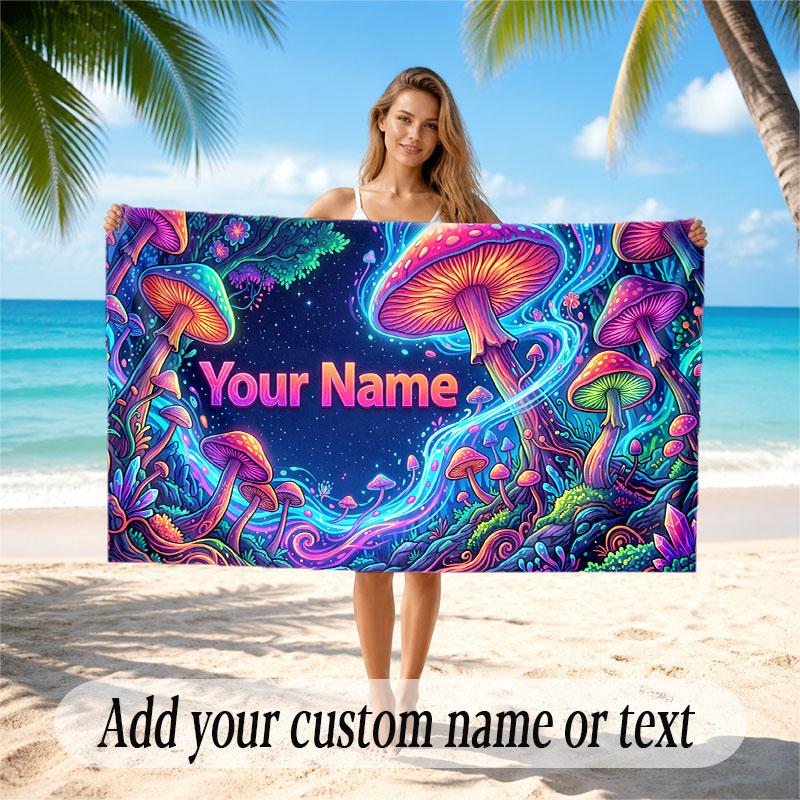 Mushroom Forest Theme Soft Beach Towel Personalized Custom Name Text Towel Portable for Beach Pool Travel