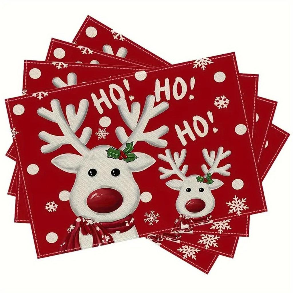 4/6pcs Reindeer Ho Ho Ho Placemats,Christmas Decor, 30.48x45.72 cm,Washable,Kitchen Dining Coffee Table Decoration Home, Party