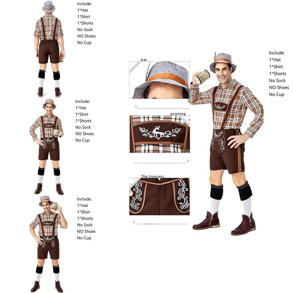 Stylish German Oktoberfest Clothing Men Fawn Print Khaki Plaid Costume Set