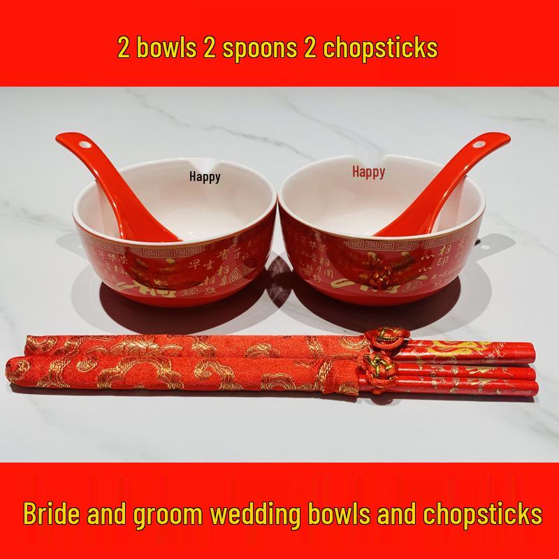 Festive Newlywed Ceramic Bowl & Chopstick Set: Happy Bowls & Red Soup Spoon for Wedding Banquet Tableware