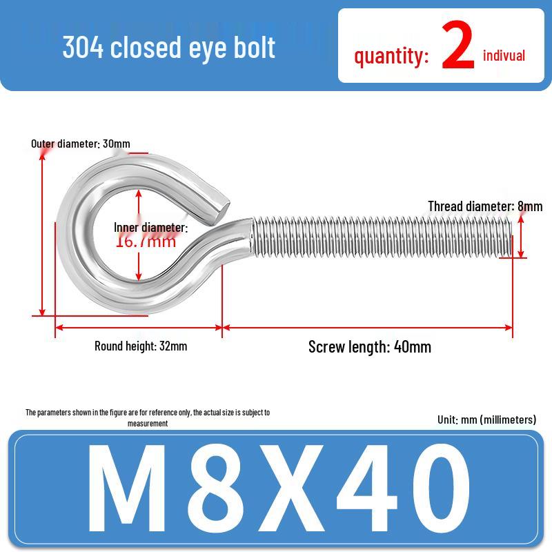 304 Stainless Steel Eyebolt with Ring Hook – Machine Thread Closed Eye Bolt (M4 M5 M6 M8)