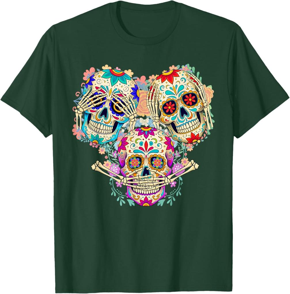 Sugar Skull Three Wise Monkeys Day of The Dead Graphic Tee Breathable Men Casual Trip T-Shirt