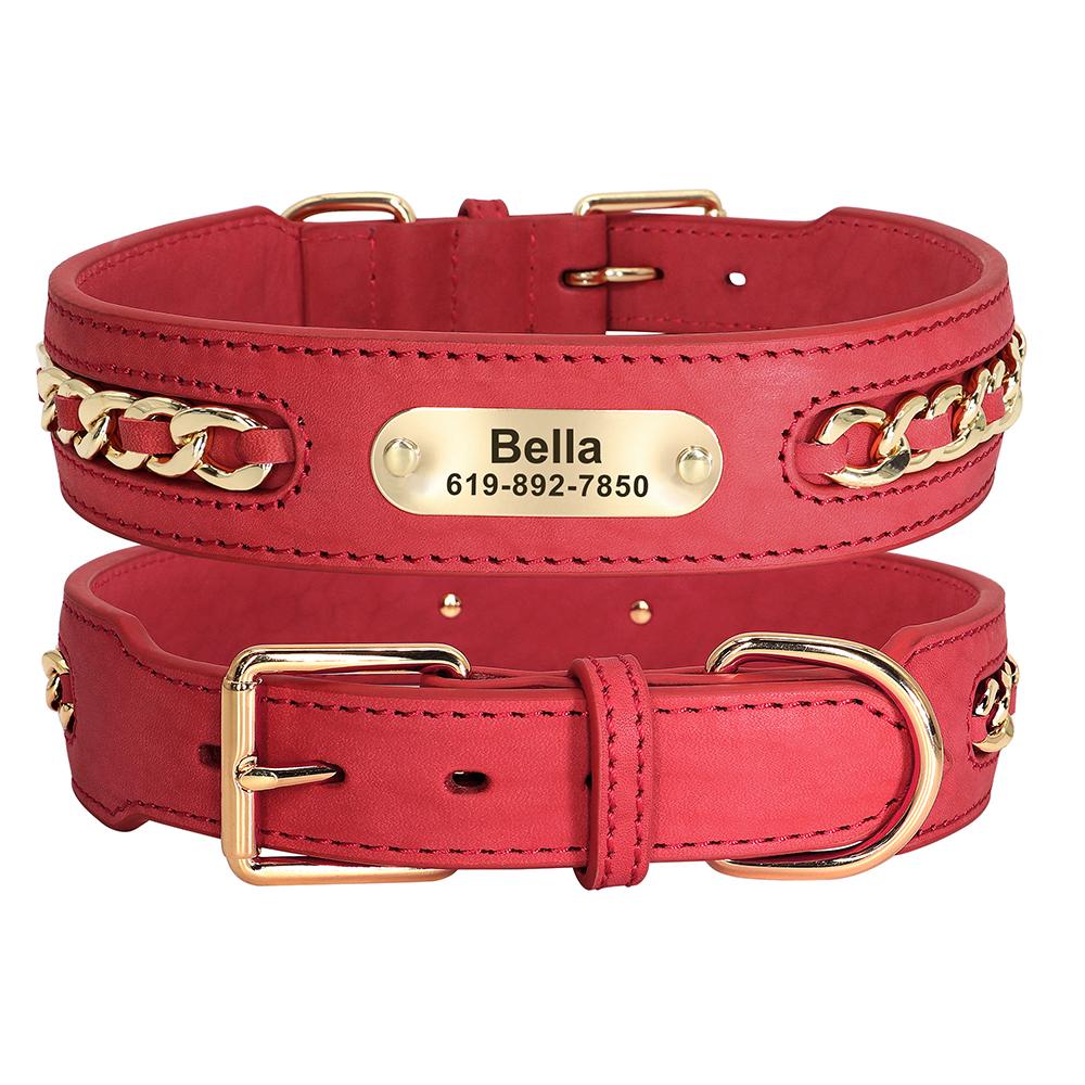 

Personalized Dog Collar Durable Leather Dogs ID Collars With Anti-lost Name Tag Chain Accessories for Small Medium Large Dogs M червоний