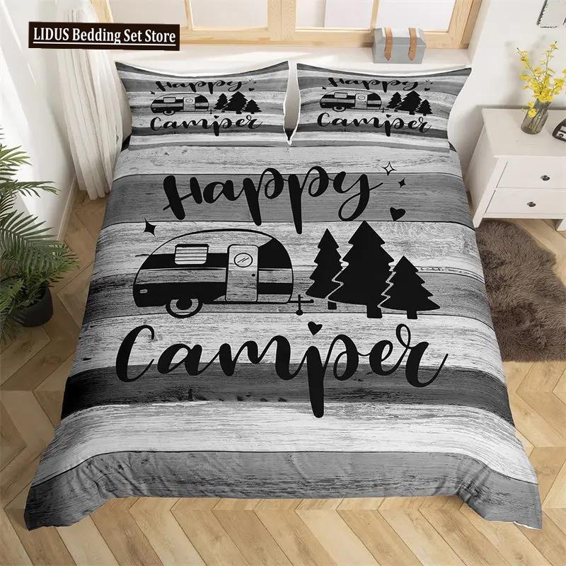 Šťastné kempování Povlak na přikrývku Queen Kreslený Karavan Kempingová Ložní souprava Styl Farmy 3D Obal na přikrývku Camper s povlaky na polštáře