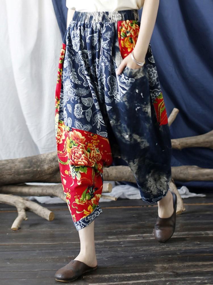 Johnature Cotton Ankle Length Pants LOOSE Cotton Linen Pockets MID Spring Autumn WOMEN Vintage Elastic Waist Pants