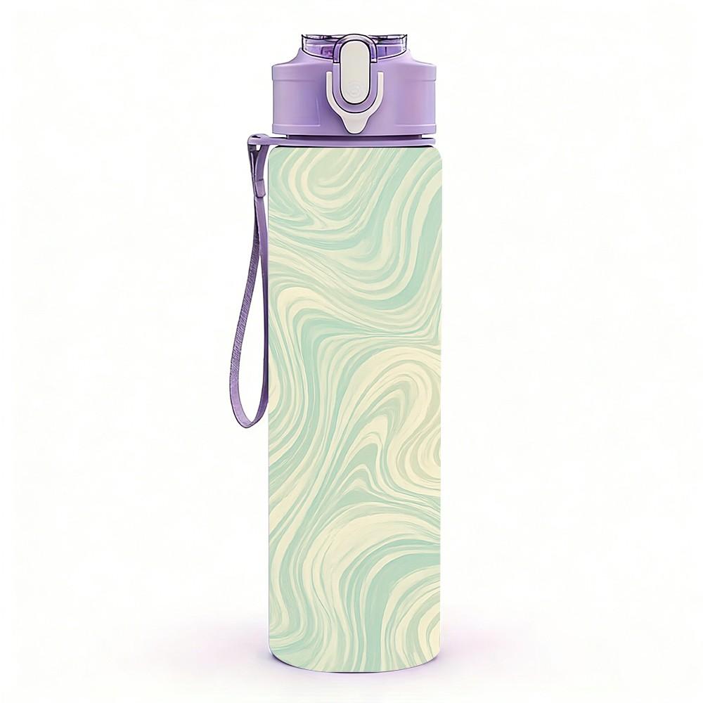 1PC Light Mint Swirl Marble Texture Print 750ml Color Plastic Sports Water Bottle Leakproof Flip Straw Lid Suitable for Sports Office Home Use