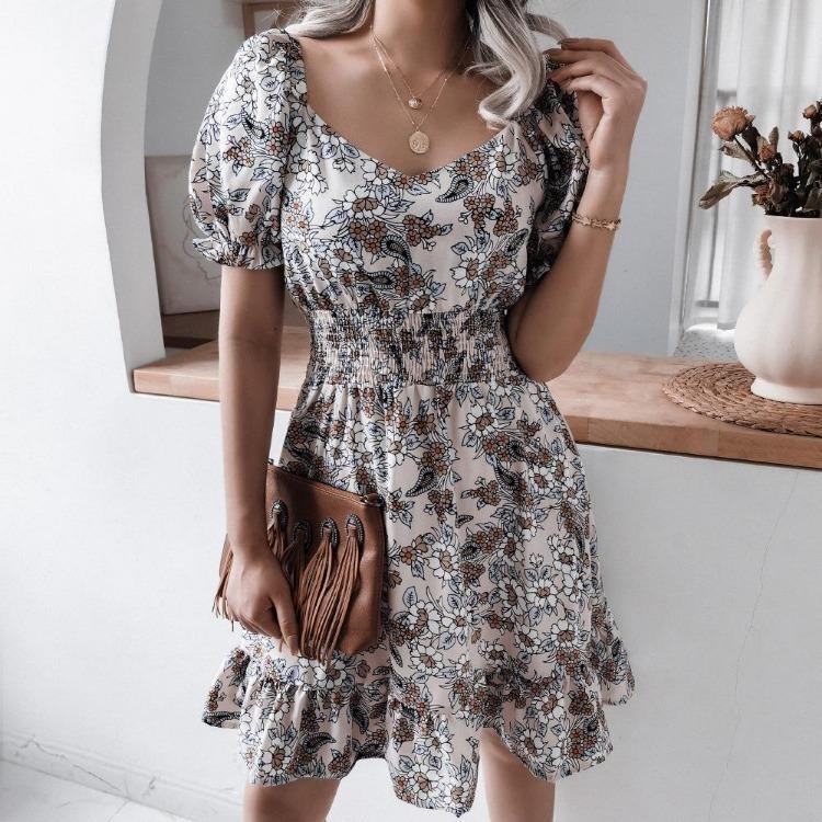 Floral Square Neck Dress with Waist Ruffle Balloon Sleeves Chic Summer