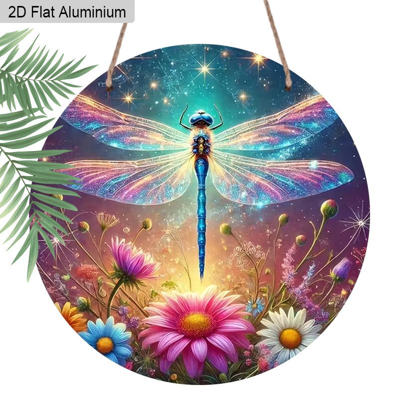 

2D Flat Aluminum Colorful Dragonfly Metal Wall Decor Round Sign - Fantasy Garden Insect with Wildflowers & Starry Night Art - Whimsical Hanging 1pc