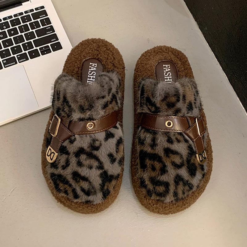 Internet celebrity explosion leopard print fluffy slippers women wear autumn and winter new thick-soled plush bag head half drag cotton shoes