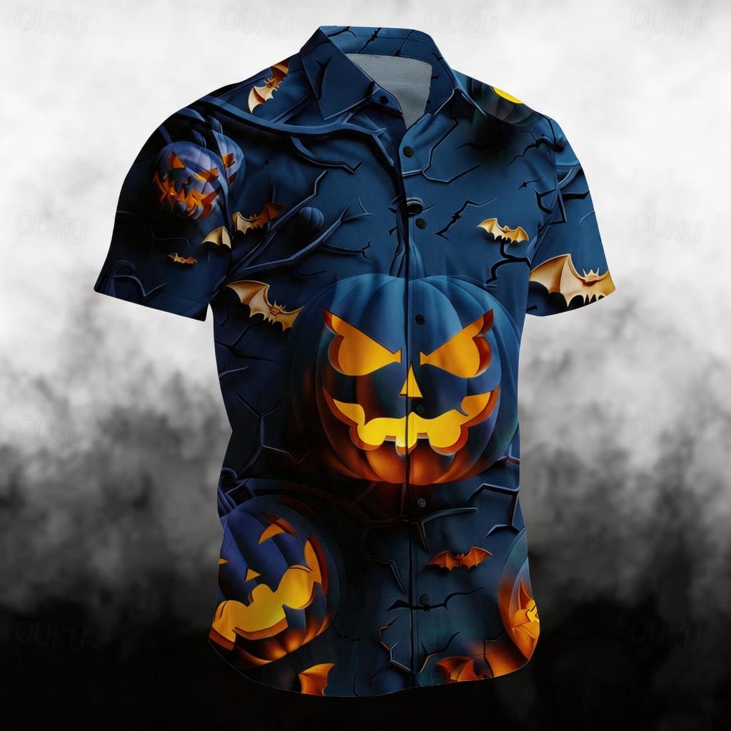 Men's Casual Short Sleeve Halloween Print Open Sleeve Shirt for Costume Parties and Casual Outings