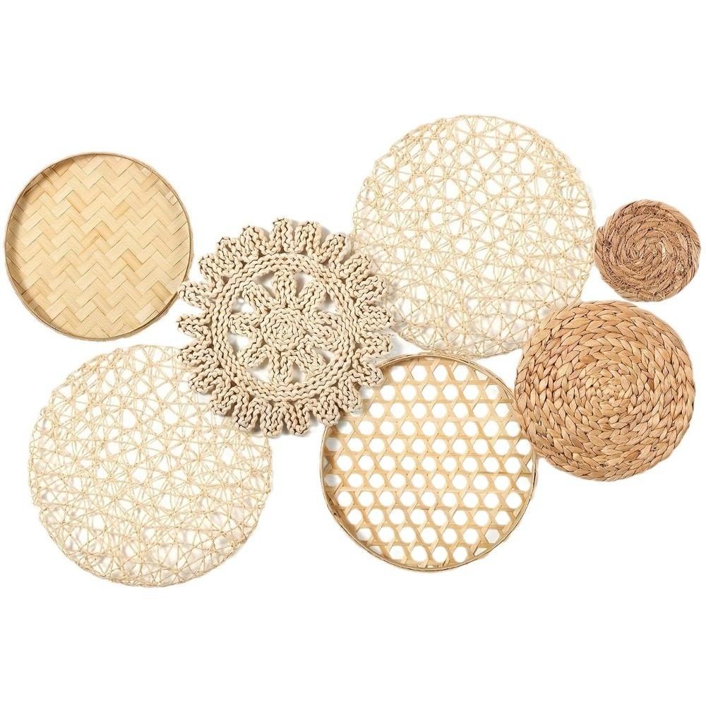 Boho Straw Woven Tray Wall Decor Round Basket Macrame Straw Wall Hangings Non Slip Heat Resistant Woven Coaster Placemat