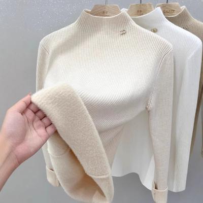 One-piece Fleece Fabric Solid Color Fleece Thickened Bottoming Shirt Women's Autumn and Winter with Semi-turtleneck Knitted Sweater