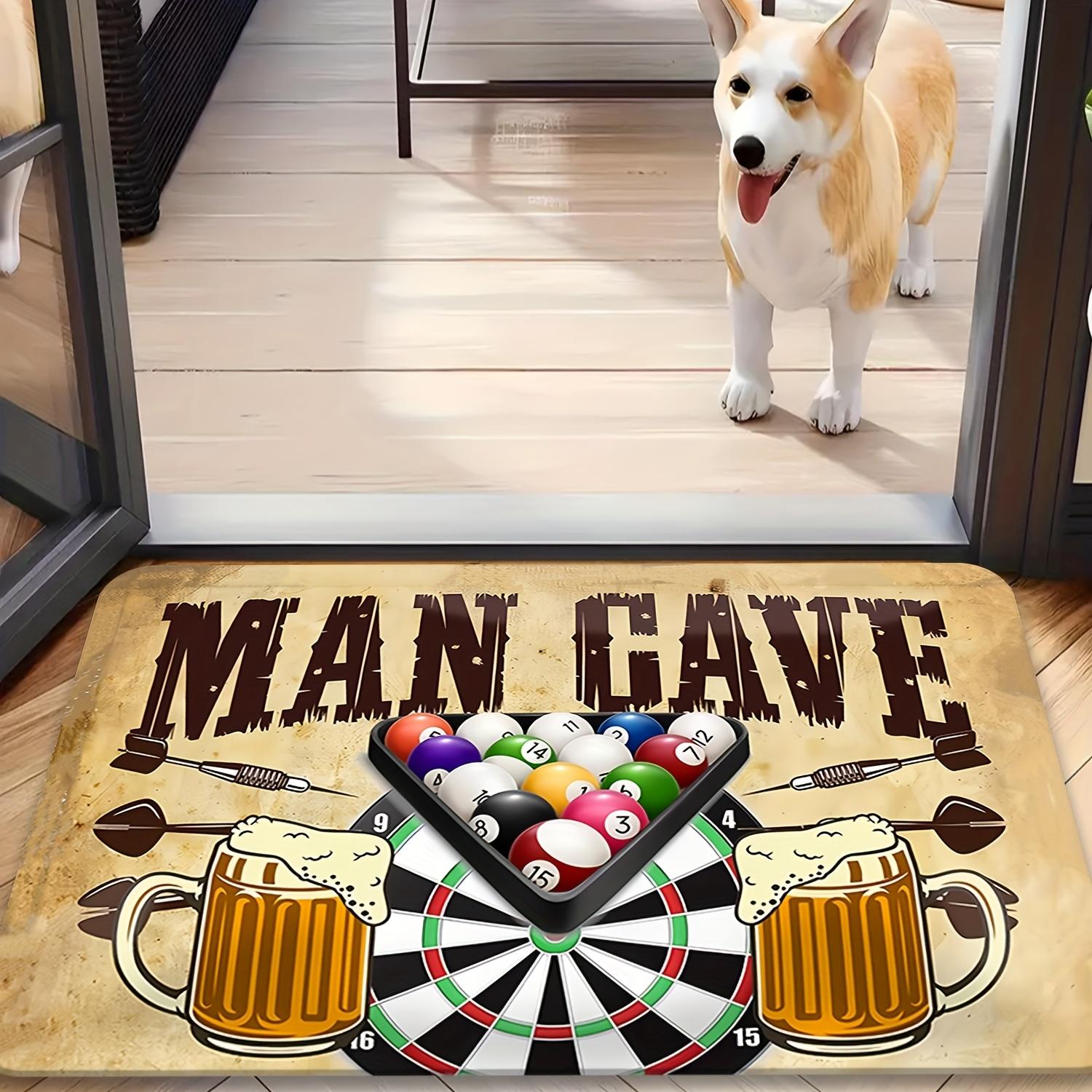 

Man Cave Beer Doormat Flannel Style Rug, Dartboard Pool Balls Design Non-Slip Machine Washable Door Carpet for Recreation 40x60cm