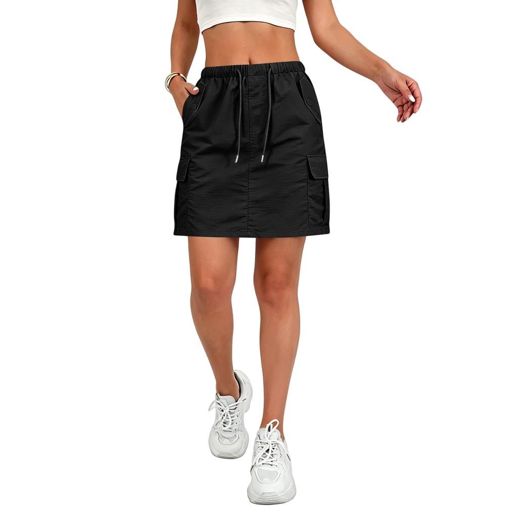 Women's Casual Mini Skirt with Drawstring Waist and Pockets Utility Style Lightweight Workwear Skirt Suitable for Everyday Wear