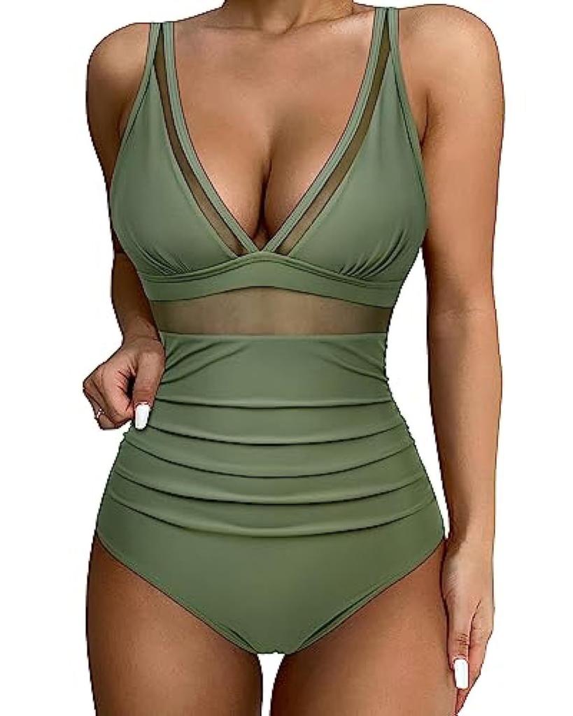 One-piece Swimsuit Sexy Hollow Mesh Deep V Gathering Perspective Bikini Swimsuit