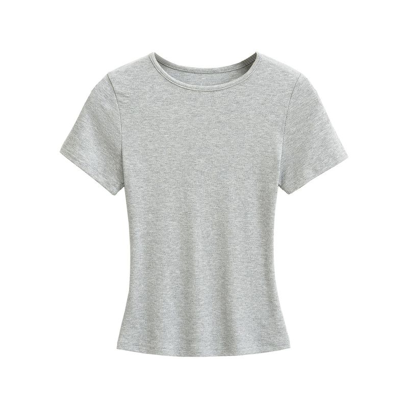 

American Style 2025 Summer Kardashian Style T-Shirt Solid Color Round Neck Tight-Fitting Short-Sleeve Top Women s Slim Ribbed Base T-Shirt Light Gray S