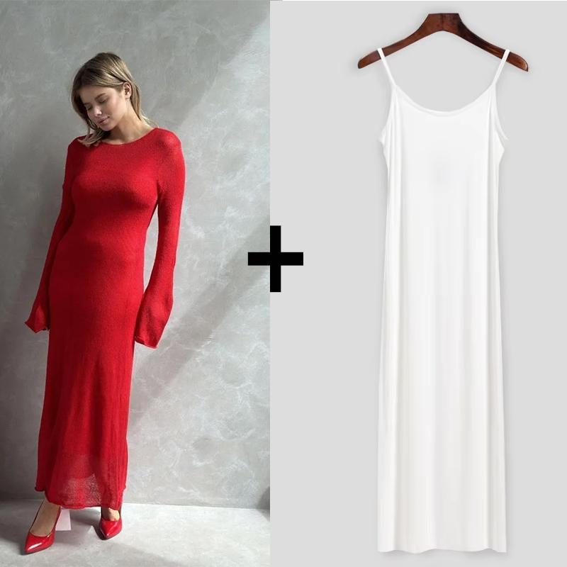 Jaro Podzim O-Výstřih Elastické Pletené Dlouhé Šaty Ženy Elegantní Šik Měkké Dámské Vykrojené Svetrové Šaty Femme Nové