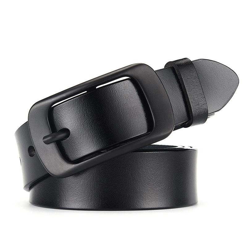 Fused Black Pin Buckle Pure Cowhide Belt Retro Leather Wide Belt Casual Simple Jeans Belt