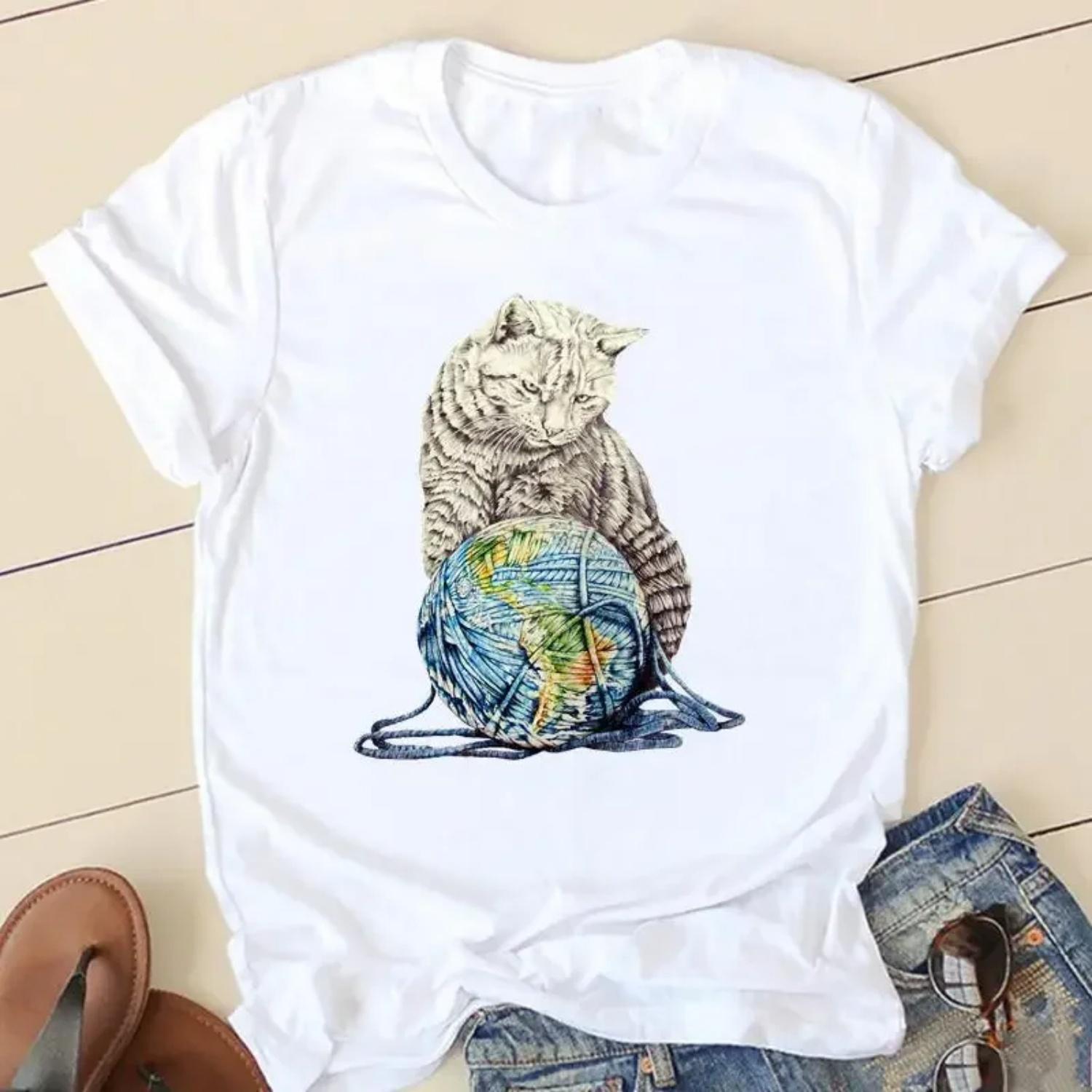 Creative Street Style Cat Print White T-Shirt Short Sleeve Crew Neck Women s Fashion Cross-Border Wish Ebay Modal Material S