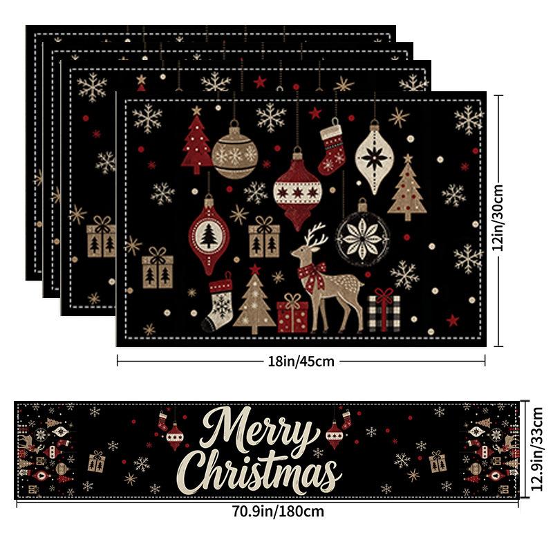 5Pcs Christmas Buffalo Plaid Placemats And Table Runner Set Cute Snowman Print Heat Resistant For Christmas Decoration