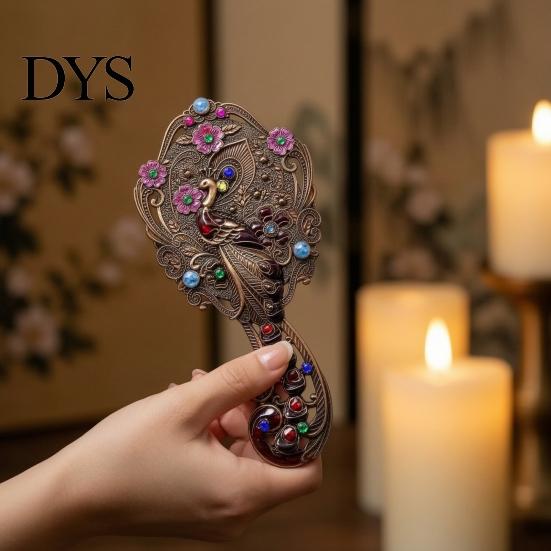 Vintage Peacock Hair Comb Mirror Set, Embossed & Handheld Rhinestone Makeup Mirror, Hand with for Women Retro Carved