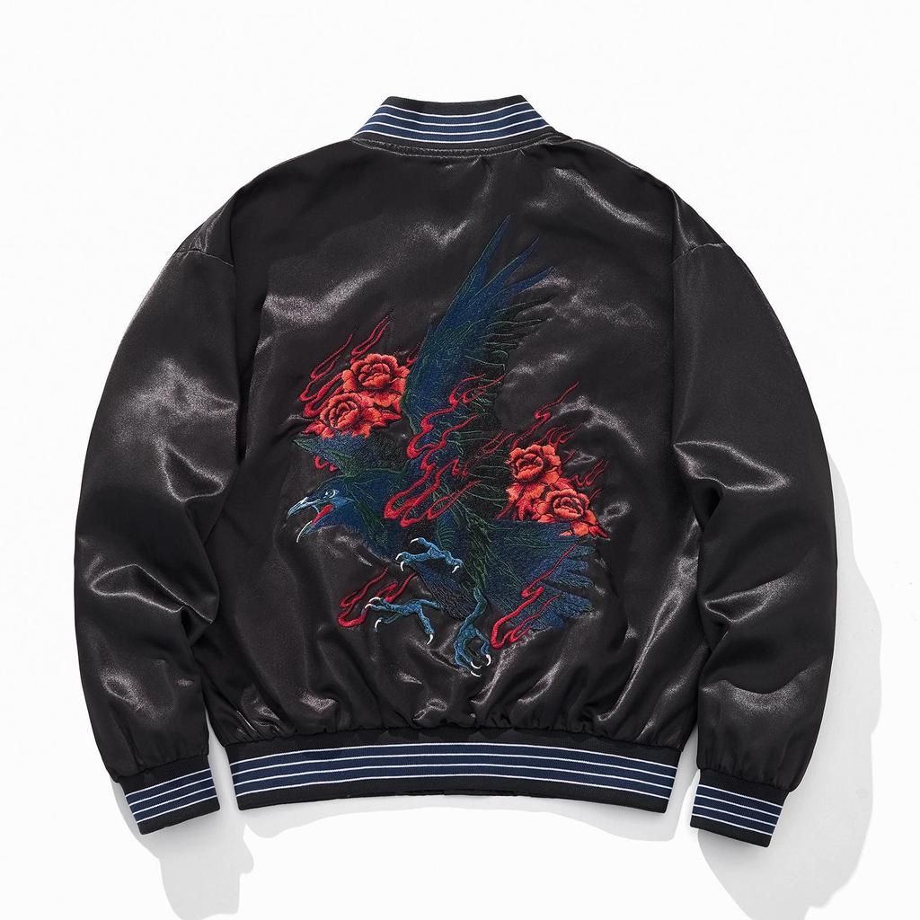 Huaxia Junpin Blaue Krähe mit gestickter Rose Baseballjacke für Herren