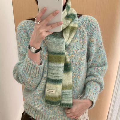 Neuer Herbst- und Winter-Regenbogenstreifenschal für Damen, Nische, schmal, gestrickt, Kontrast, Farbverlauf, vielseitig, trendig