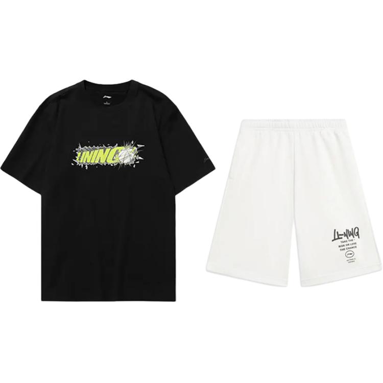 

Li Ning Футболка с принтом логотипа, модная, свободного кроя, универсальная, с круглым вырезом, с коротким рукавом, повседневный спортивный костюм, унисекс, топы AHSUA03-2+AKST593-7 S