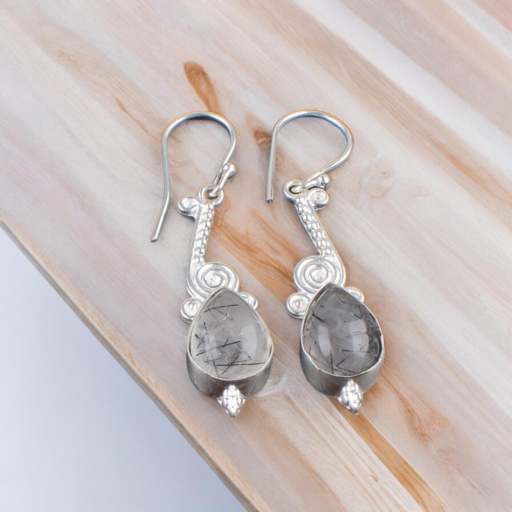 925 Sterling Silver black rutile Gemstone Artisan jewelry Earrings 2.10"For Wife EE-37-22
