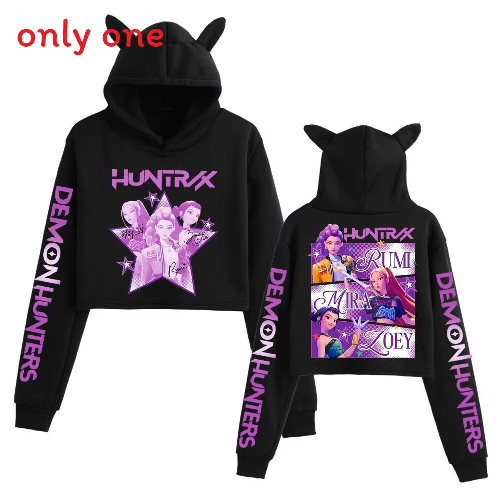 Kpop Demon Hunters Printed Short Hoodie With Cat Ears For Girls Summer Casual Wear
