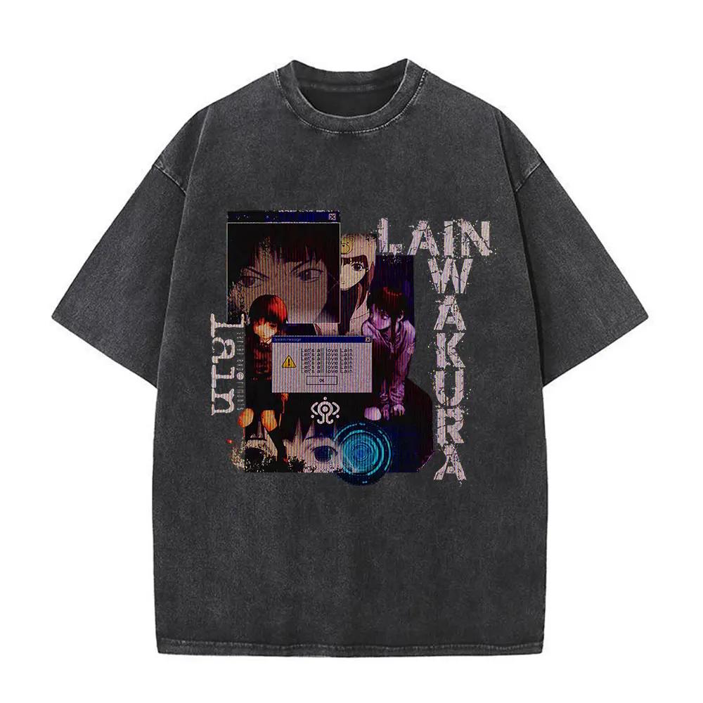 Washed Vintage Anime Serial Experiments Lain Face Graphic Tshirt Manga Girl Sci Fi Yk T Shirt Men Women Cotton Retro Tshirts