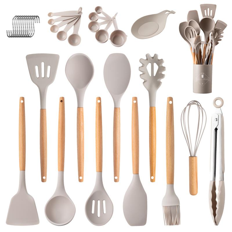 

24 шт., кухонные принадлежности для столовой, деревянная ручка, антипригарная сковорода, силиконовый набор кухонных принадлежностей с ведром для хранения