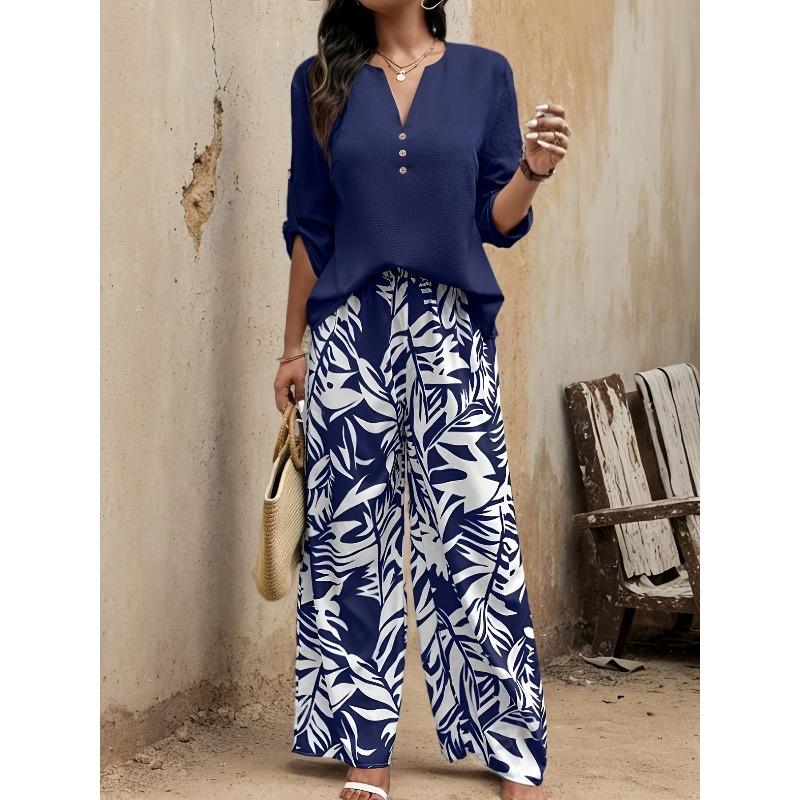 

Spring Autumn New Print Casual Two Piece Outfits Woman Fashion V Neck Button Elegant Loose Office Party 2 Pieces Set For Woman 4XL синій