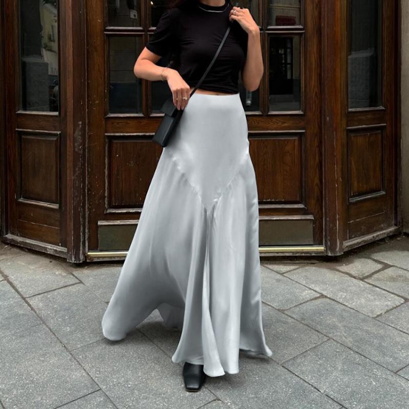 Elegant Grey Satin Skirts For Women Fashion Mid Waisted Slit Solid Skirts Casual New Loose Ankle-Length Skirt Streetwear