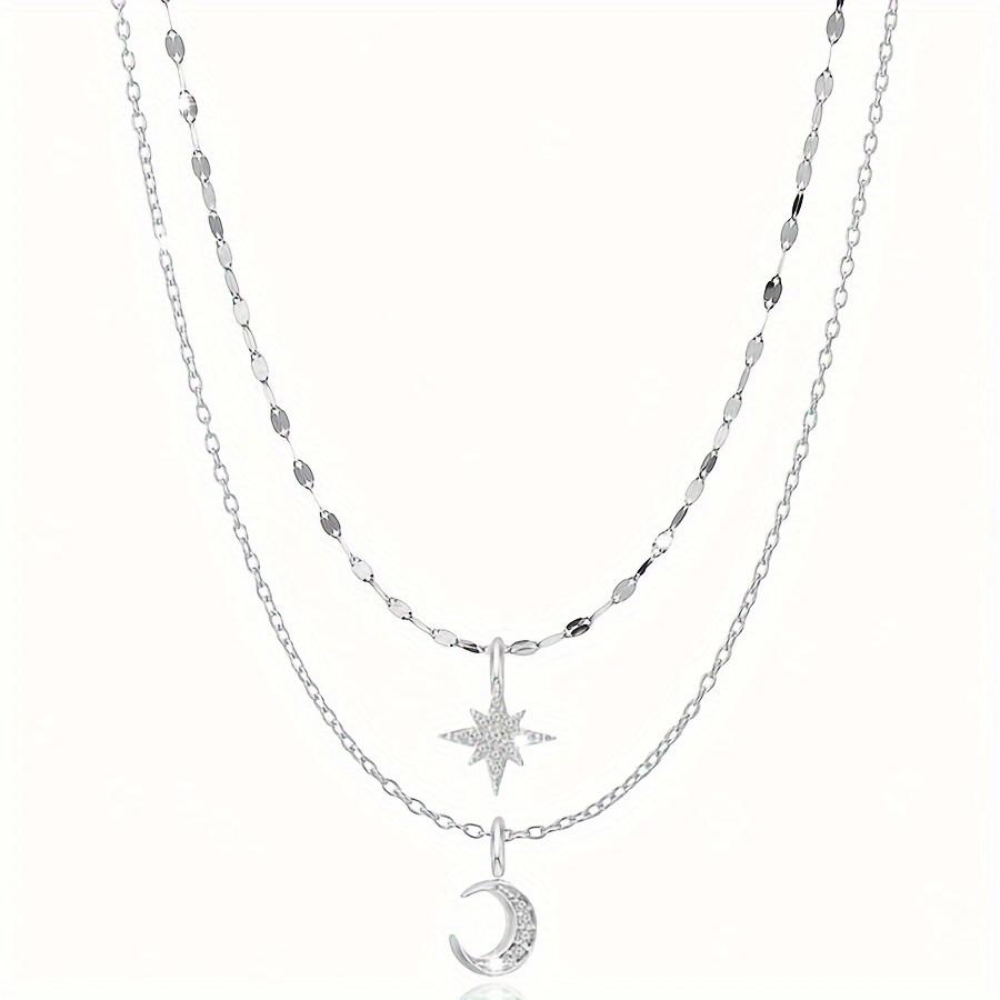 Star Moon Silvery Double Layer Necklace Multi-Layer Fashion Collarbone Chain Women's Jewelry Gift Perfect Accessory for Ramadan
