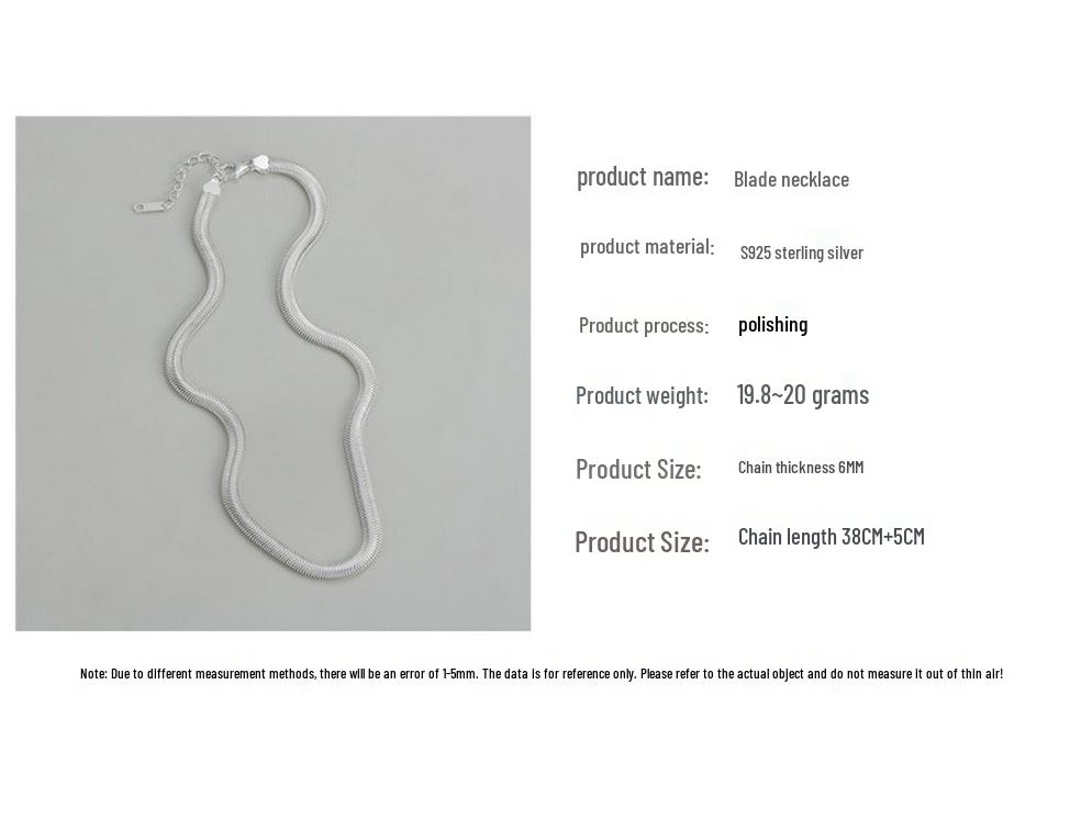 S925 Sterling Silver Korean Fashion Textured Flat Snake Necklace Blogger Style Clavicle Chain