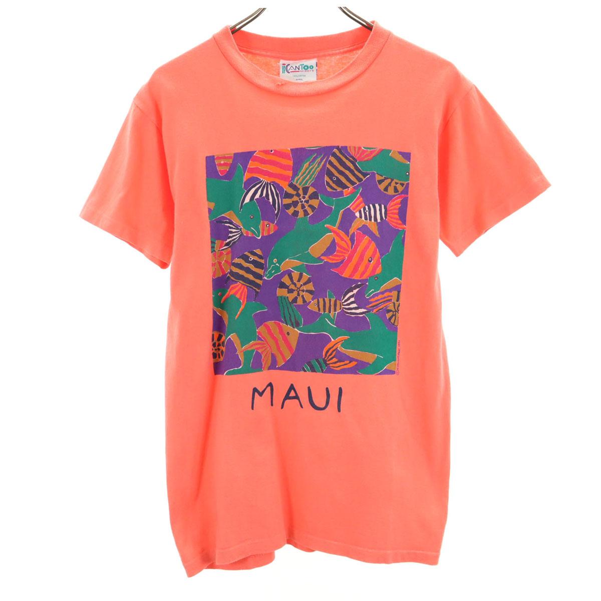 

ICANTOO 90s Made in USA Old fish print Short sleeve T-shirt S salmon pink Men s Used