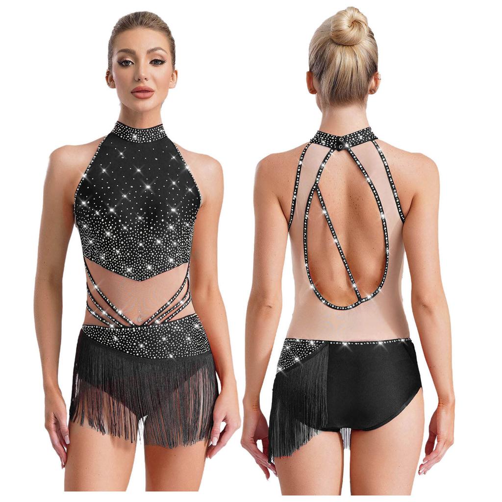 Womens Rhinestones Latin Dance Performance Gymnastics Figure Skating Costume Jazz Dance Outfits Tassels Adorned Leotard Bodysuit