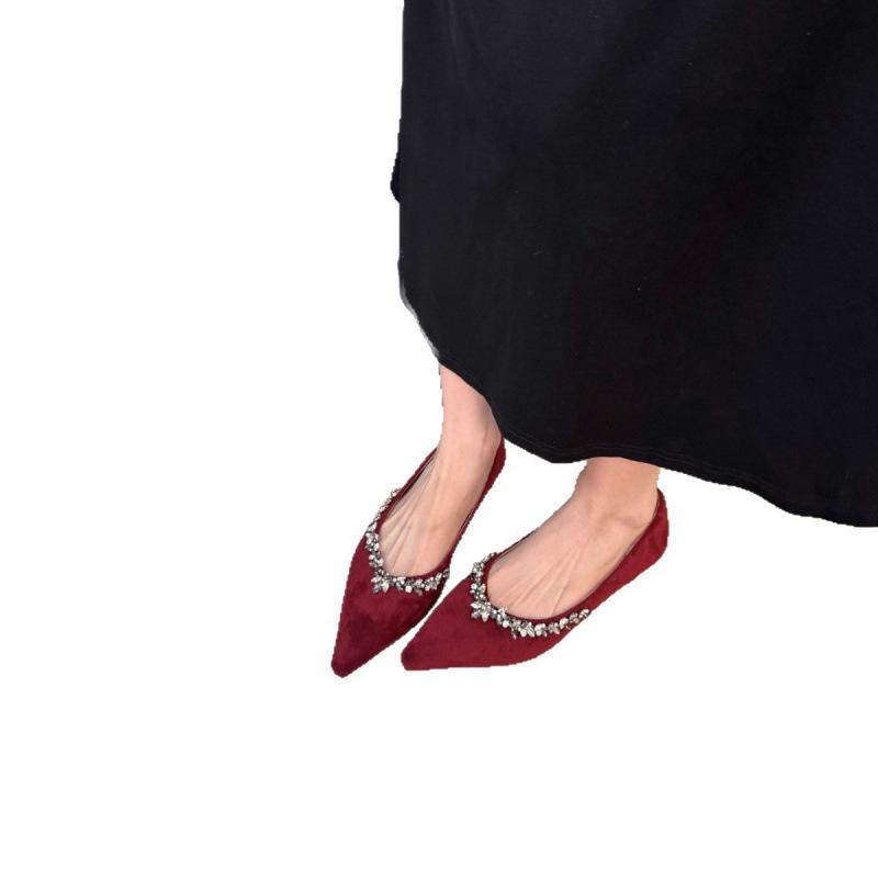 New French rhinestone flat-soled wedding shoes women's pointed head and one pedal temperament shallow mouth casual shoes