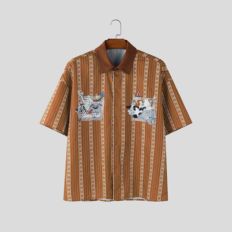 INCERUN Summer Men Lapel Neck Short Sleeve Patchwork Striped Casual Shirts Tops