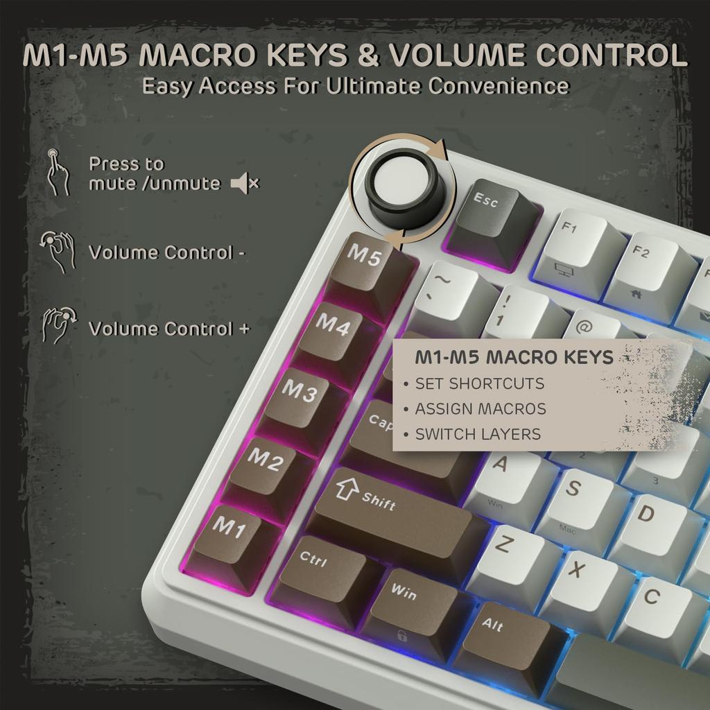 RK ROYAL KLUDGE L75 Mechanical Keyboard with Gasket Touchable TKL Wireless Hot Professional QWERTY US Layout Assembly, Buttons/Macro Keys, Nameplate,