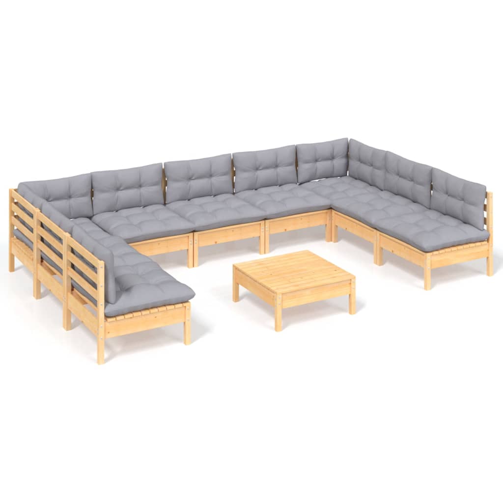 Vidaxl 10-Cz. Garden Lounge Set, Grey Cushions, Pine