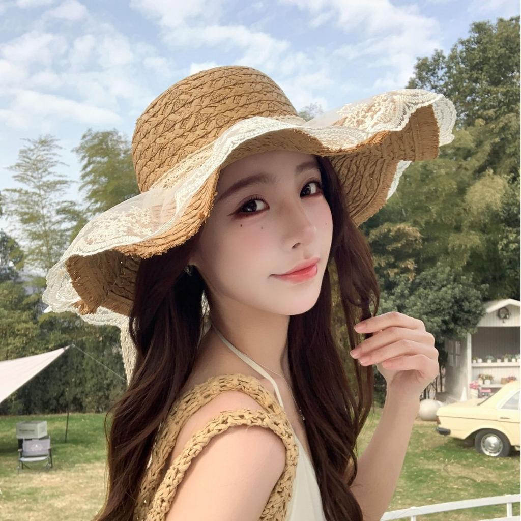 Summer Seaside Beach Outdoor Straw Hat Women'S Lace Bow Sunshade Sun Protection Hat Uv Protection Sun Straw Hat