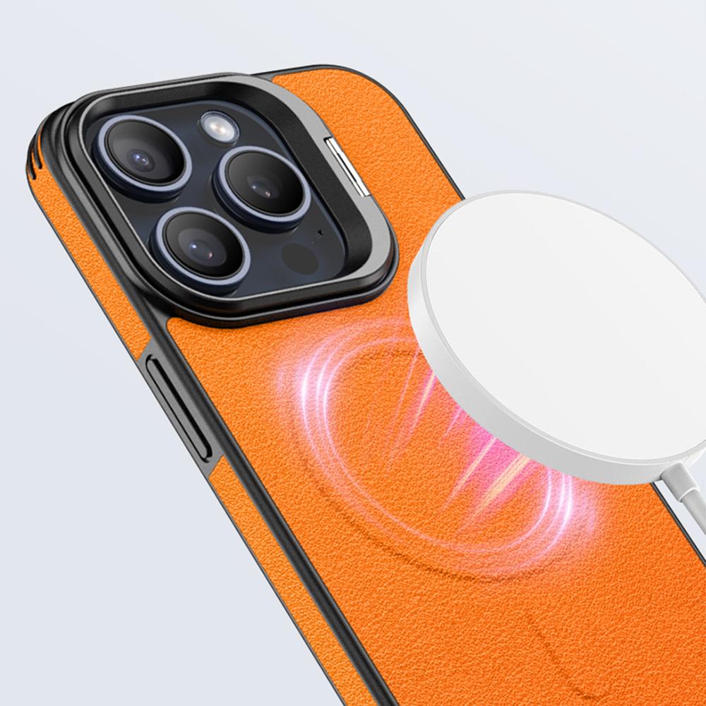For iPhone 16 Pro Magnetic Case with Lens Kickstand Leather Phone Back Cover