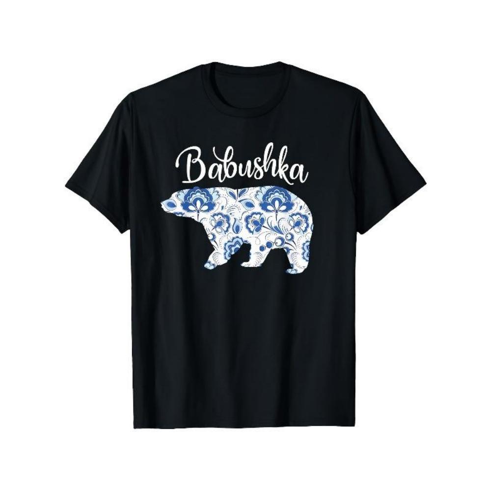 

European Sizes Single Side Printed Crew Neck Short Sleeve T-Shirt, Traditional Russian Floral BABUSHKA BEAR Theme S чёрный