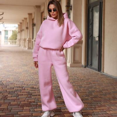 Casual European and American Women's Suit Solid Color Loose Hooded Sweater Elastic Wide-leg Trousers Two-piece Set