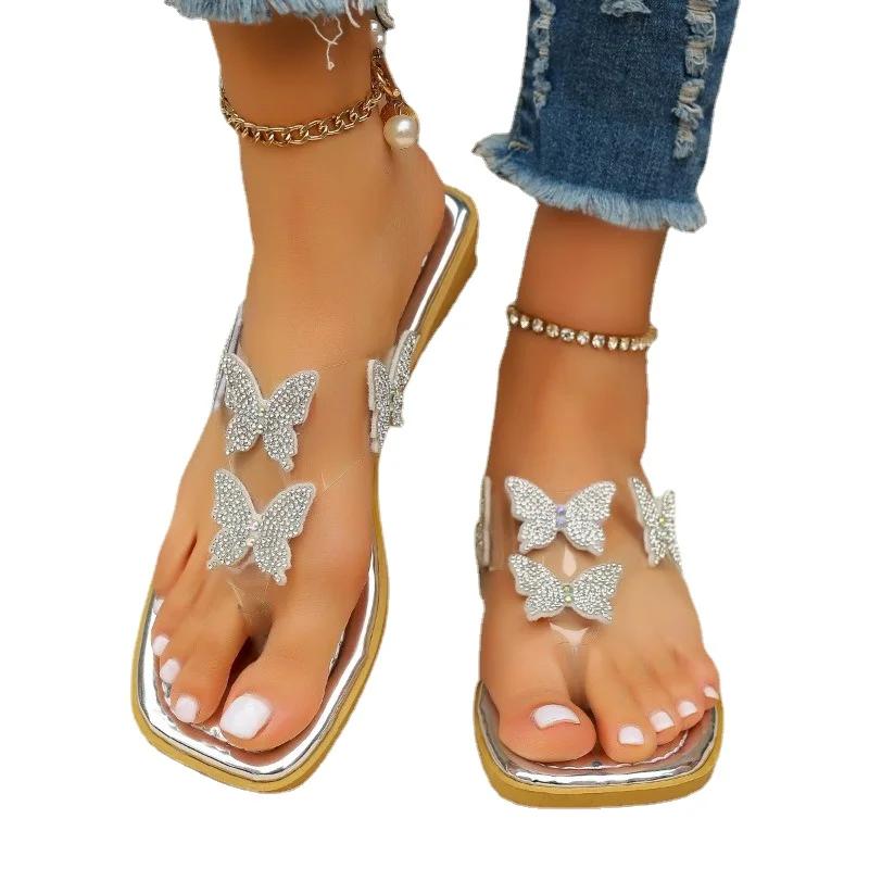 2024 Ladies Shoes Flip Flops Women's Slippers Summer Dress Slippers Women Crystal Butterfly Square Heel Plus Size Shoes Women