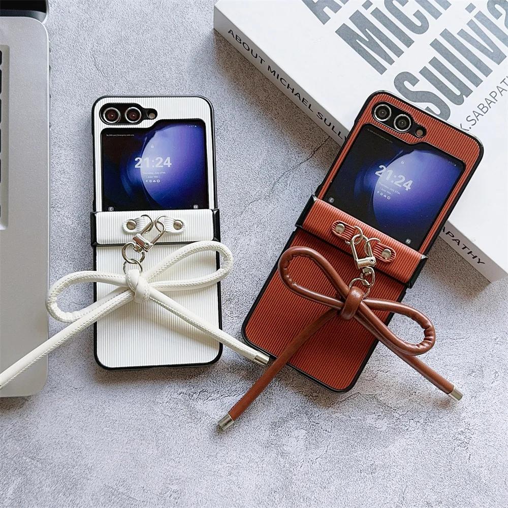 Stripe Texture PU Leather Cover with Bowknot Pendants for Samsung Galaxy Z Flip 6 5 4 3 5G Hard PC Hinge Protective Phone Case