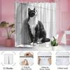 1pc black white cat shower curtain monochrome -   With Hooks Waterproof Mildew Proof Easy Install Washable