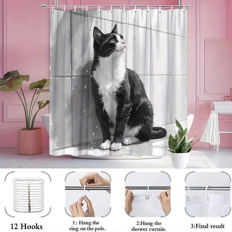1pc black white cat shower curtain monochrome -   With Hooks Waterproof Mildew Proof Easy Install Washable